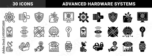 Hybrid technology and digital intelligence symbols featuring integrated circuit gears biometric scanning data storage and robotic hand holding lightbulb
