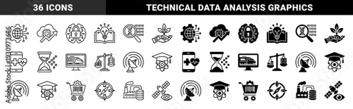 Hybrid conceptual icons featuring integrated technology and industrial metaphors including brain security cloud processing and data analytics symbols
