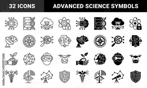 Hybrid technology and science symbols featuring merged concepts like neural network magnifying glass dna server and robotic hand holding plant