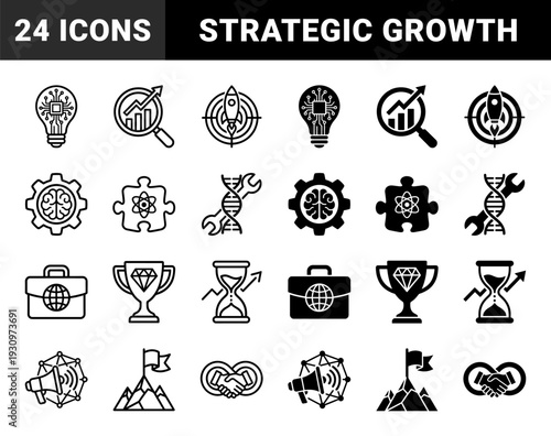 Black and white hybrid conceptual business icons featuring brain gear fusion dna wrench synergy and rocket target growth metaphors in outline and solid style