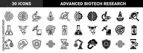 Collection of hybrid science and technology symbols combining biology with mechanics and space exploration with digital data concepts in outline and glyph styles
