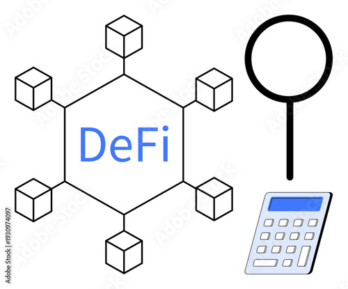 Financial technology, blockchain integration, digital currency, DeFi innovation, analysis tools, online payments. Blockchain network with DeFi text, magnifying glass and calculator. Financial