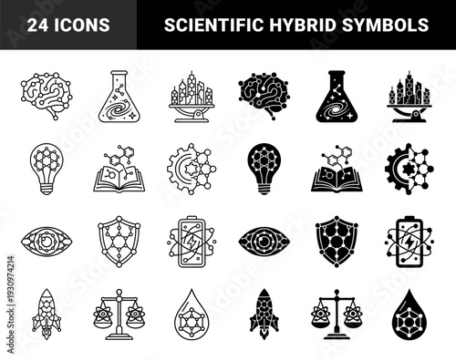Symmetric hybrid icons merging scientific molecular structures with common objects like brains books and batteries in outline and solid styles