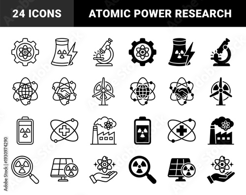 Sustainable atomic energy and nuclear power icon set featuring hybrid designs of renewable solar wind power combined with radiation symbols