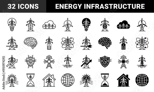 Electrical Power Grid Infrastructure Combined with Renewable Energy Symbols and Industrial Utility Concepts in Minimalist Outline and Glyph Style