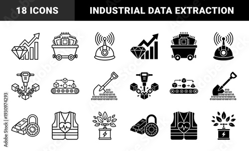 Hybrid mining and digital data icons featuring integrated circuits in ore carts and binary code shovels with industrial safety gear