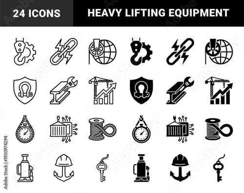 Heavy Industrial Engineering and Logistics Symbols Featuring Hybrid Mergers of Lifting Equipment Construction Tools and Global Shipping Elements