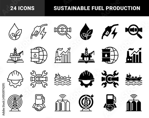 Sustainable Energy and Oil Industry Hybrid Icons Featuring Biofuel Drops Combined with Green Leaves and Fossil Fuel Infrastructure with Renewable Power Symbols