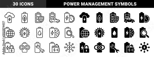 Hybrid energy storage and battery management icons featuring conceptual metaphors for renewable power efficiency smart charging and electrical sustainability