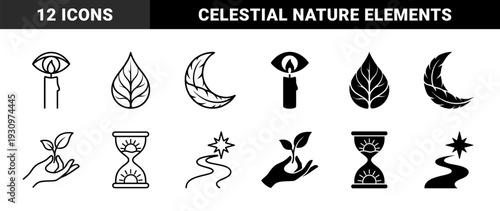 Mystical hybrid symbols featuring candle eye fusion hourglass sun alignment and leaf crescent moon combinations in outline and solid styles