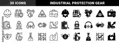 Industrial safety and personal protective equipment icon set featuring hybrid conceptual symbols for construction site hazards and worker security