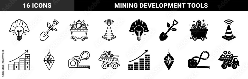 Obraz premium Construction and mining industrial concept symbols featuring hybrid designs of safety helmets with lightbulbs and shovels with growing plant leaves