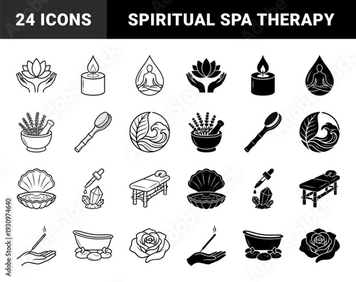 Wellness and holistic spa symbols featuring hybrid meditation figures merged with water droplets lotus flowers and organic botanical therapy elements