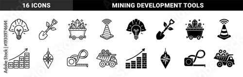 Construction and mining industrial concept symbols featuring hybrid designs of safety helmets with lightbulbs and shovels with growing plant leaves