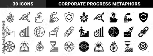 Abstract business strategy and growth concepts featuring hybrid metaphors like gear sprout magnifying glass arrow and rocket briefcase in line and solid style