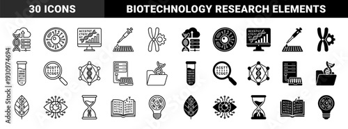 Biotechnology and genetic engineering symbols merging DNA helix with data servers magnifying glass hourglass and biological cell structures