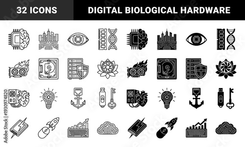 Hybrid technology icons merging digital and biological elements featuring circuit brain hardware dna strand and power supply heart in outline and solid styles