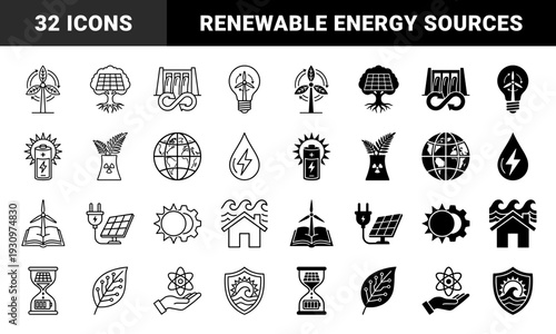 Sustainable energy hybrid icons featuring wind turbine lightbulb solar tree battery sun and hydroelectric dam power concepts in outline and solid styles