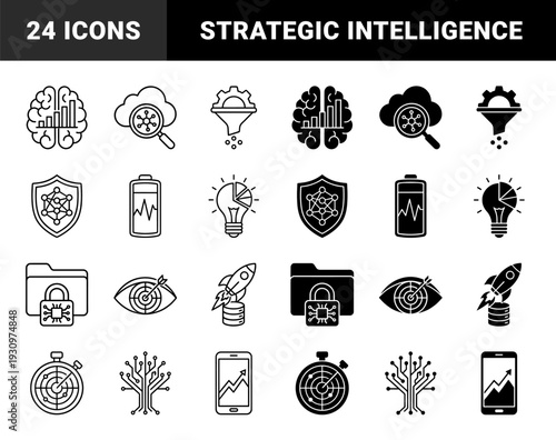 Hybrid data analytics and strategic intelligence symbols featuring brain charts cloud research gear filters and security shield connectivity metaphors