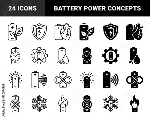 Hybrid energy battery icons featuring conceptual metaphors for ecological power sustainability endurance and thermal management in outline and solid styles