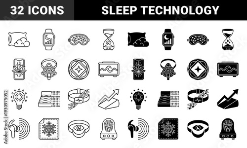 Biometric sleep tracking and wellness monitoring symbols featuring hybrid designs of smart technology merged with rest and relaxation elements