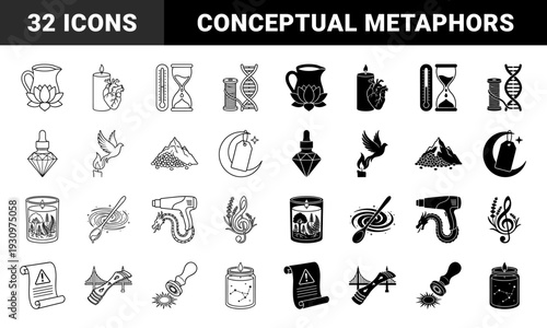 Hybrid mystical and alchemical symbols featuring unique combinations like candle hearts and hourglass thermometers in outline and solid styles