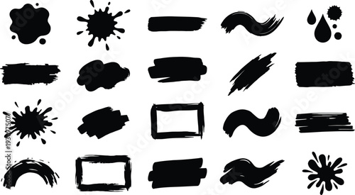 Collection of various black ink brush strokes, splatters, and abstract shapes vectors.