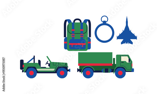 Flat design illustration of military vehicles equipment and a jet