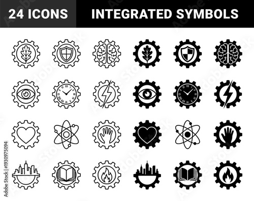 Hybrid Gear Symbology Featuring Integrated Nature Science and Industry Elements in Linear and Solid Styles for Branding and Technical Systems