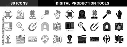 Hybrid media production and biotechnology concept symbols featuring genetic lightbulbs digital agriculture drones and cinematic equipment in outline and solid styles
