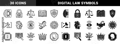 Hybrid cybernetic technology and digital law symbols featuring integrated circuit brain organic heart battery and electronic judicial gavel metaphors