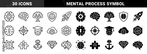 Collection of dual style hybrid brain symbols merging human intelligence with gear rocket shield tree and light bulb metaphors for creative strategy and mental growth