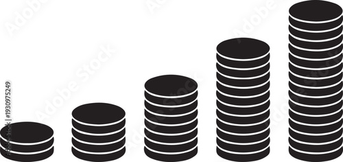 Five ascending stacks of identical black coin like disks on a white background