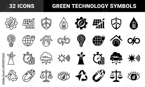 Sustainable energy and eco technology hybrid symbols featuring leaf gear solar panel graph wind turbine shield and battery water drop concepts