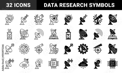 Hybrid satellite dish and parabolic antenna icons merged with scientific symbols like dna strands telescopes hourglasses brains and lightbulbs