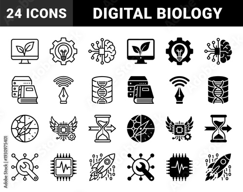 Hybrid technology and nature icons featuring digital biology synergetic data systems and sustainable artificial intelligence in outline and solid styles