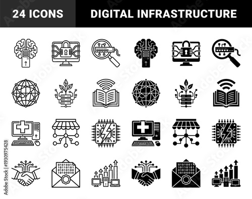 Hybrid digital infrastructure and technology concept icons featuring server brain integration network security globe growth and data encryption symbols