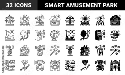 Hybrid amusement park and digital technology icons featuring data integrated roller coasters smart carnival rides and connected fairground attractions