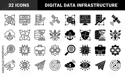 Hybrid Technology and Data Security Symbols Featuring Integrated Network Elements Like Cloud Anchors Satellite Orbits and Electronic Hardware Circuits