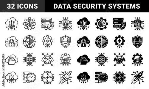 Hybrid technology and data management symbols featuring circuit board integration with cloud security artificial intelligence and green computing elements