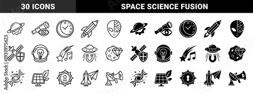 Surreal celestial hybrid icons merging astronomy and creativity featuring planet gears rocket pencils alien brains and astronaut lightbulbs in dual stroke and solid styles