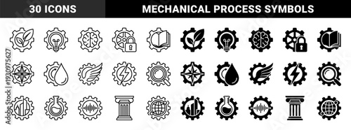 Symmetric hybrid gear icons merging industrial mechanical cogs with organic leaves brain lightbulb book compass water drop and architectural pillars