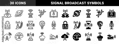 Hybrid communication symbol set merging broadcast antenna and signal waves with organic nature science and lifestyle elements in outline and solid styles