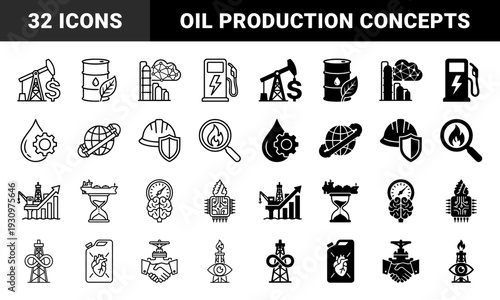 Industrial Energy Hybrid Icons Featuring Oil Rig Dollar Sign Fuel Pump Lightning Bolt Barrel Leaf and Globe Pipe Connection in Outline and Solid Style