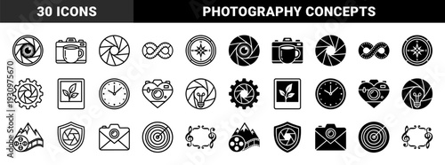 Monochrome photography and media hybrid concept symbols merging camera shutter apertures with eye iris clock mountain film and compass elements