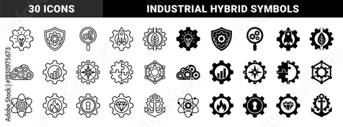 Hybrid gear symbols merging industrial mechanics with conceptual metaphors including lightbulb rocket ship shield leaf magnifying glass and compass in outline and solid styles