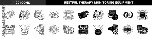 Hybrid sleep technology and wellness icons featuring merged symbols of beds with dna strands owl alarm clocks and CPAP machines in outline and solid styles