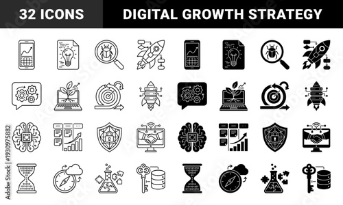 Hybrid business technology and data development linear and solid glyphs merging software engineering concepts with strategic growth and security metaphors