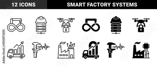 Industrial automation and smart logistics symbols featuring hybrid designs of robotic arms with infinity loops and server racks with safety helmets
