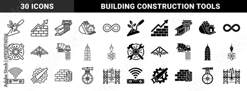 Construction and engineering hybrid icons featuring conceptual mergers of masonry tools architectural elements structural steel and digital data integration